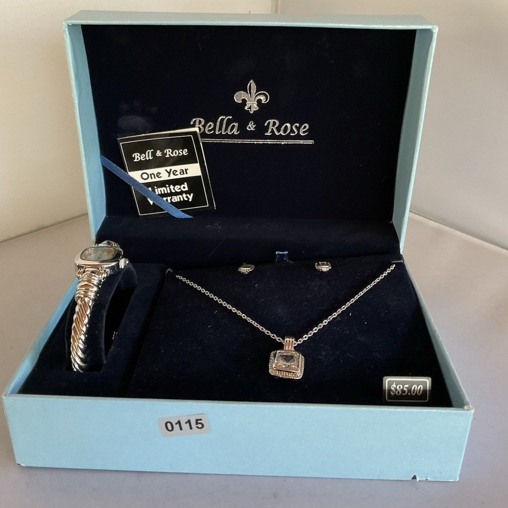 Bella&Rose 3 Piece Set Watch Necklace And Earrings Silver Tone